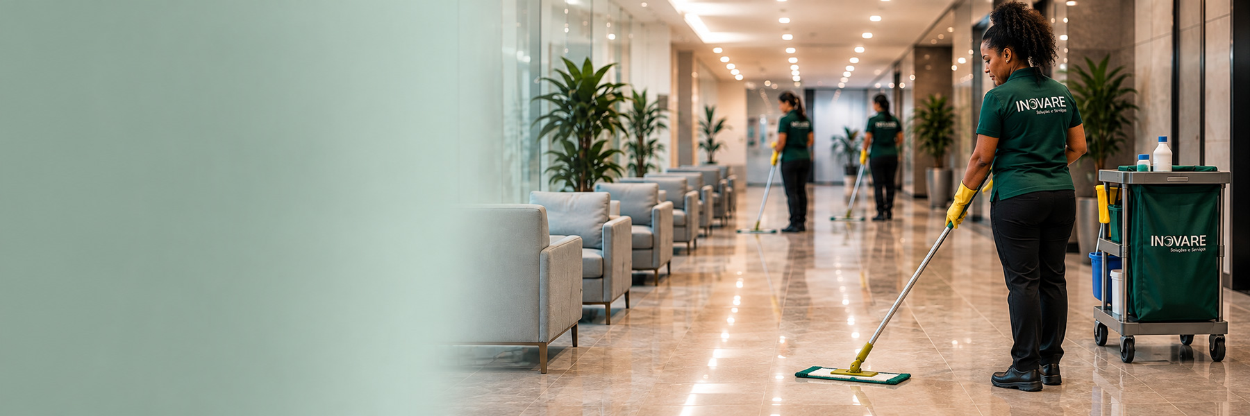 Profissional realizando limpeza e conservação em ambiente corporativo