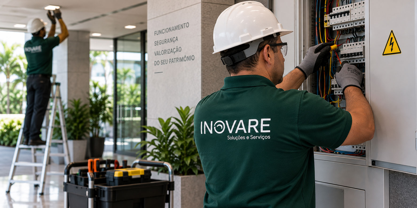 Profissional de manutenção predial em ambiente corporativo